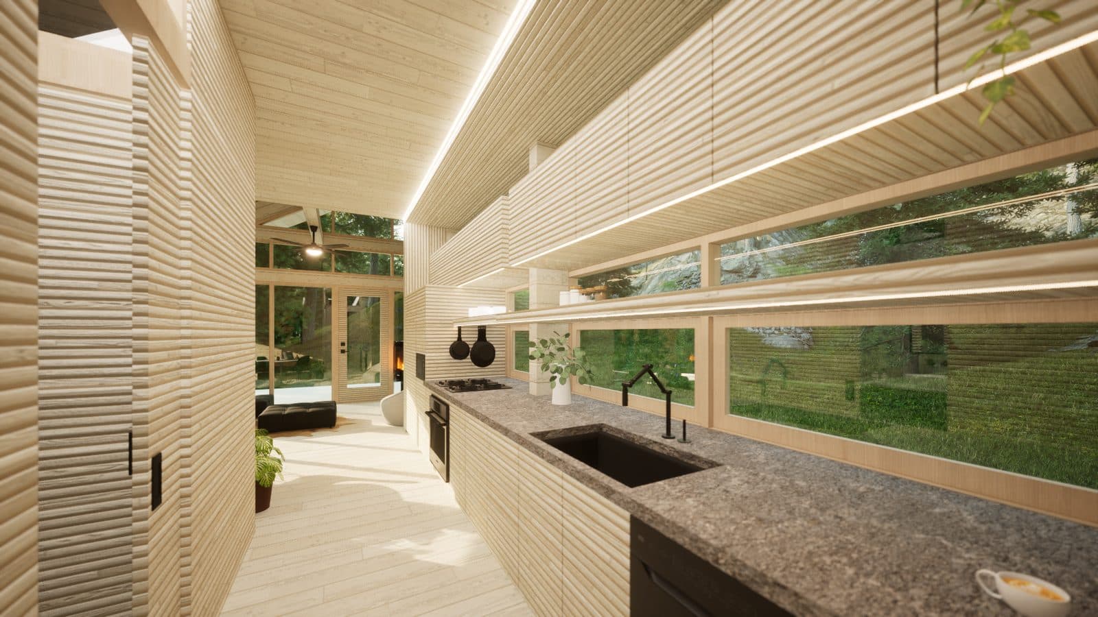 Inside a MINKA: wood walls and ceiling, with a long window onto the trees.